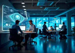 Современный офис с разработчиками, использующими low-code платформы и AI технологии для создания интеллектуальных решений