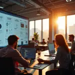 Современный офис с разработчиками и дизайнерами, работающими над интерфейсами low-code AI приложений