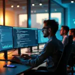 Современный офис с командой, разрабатывающей Low-code AI MVP, схемы планирования бюджета и контроля затрат