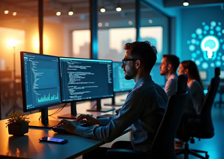 Современный офис с командой, разрабатывающей Low-code AI MVP, схемы планирования бюджета и контроля затрат