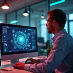 Человек работает за компьютером с платформой low-code AI в современном офисе стартапа