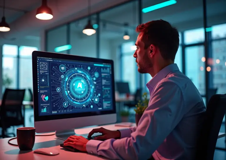 Человек работает за компьютером с платформой low-code AI в современном офисе стартапа
