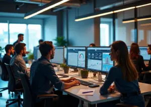 Современный офис с командой, использующей AI для автоматизации лидогенерации и цифрового маркетинга