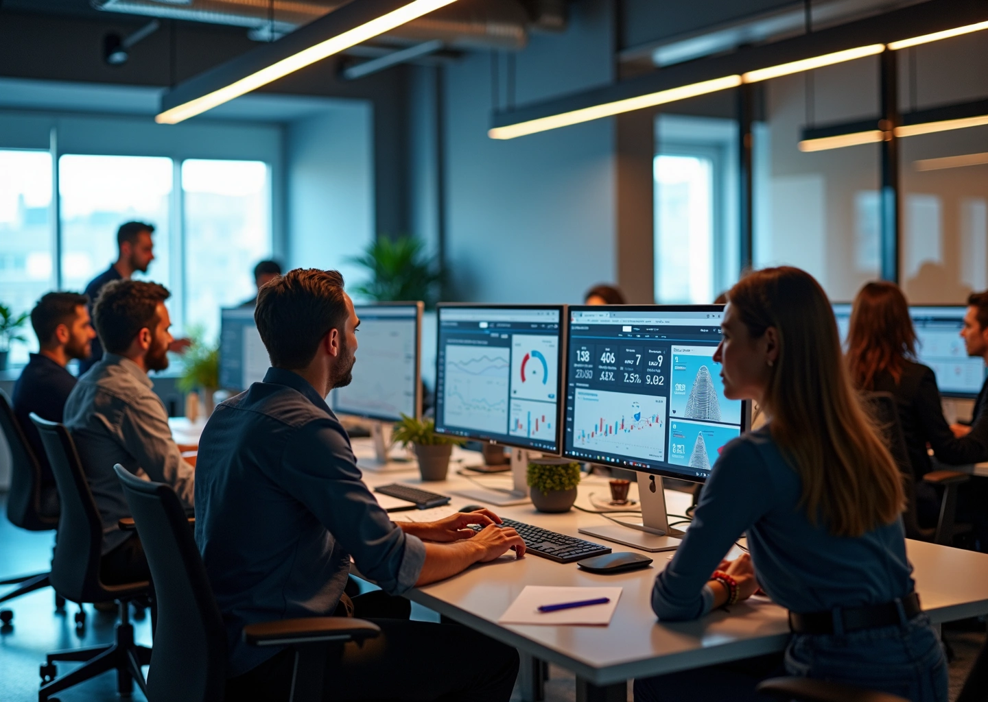 Современный офис с командой, использующей AI для автоматизации лидогенерации и цифрового маркетинга