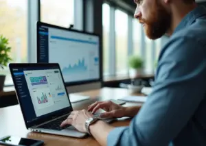 Менеджер по продажам в офисе за ноутбуком с интерфейсом Low‑code и чат‑окном AI‑ассистента, окружённый диаграммами продаж и CRM