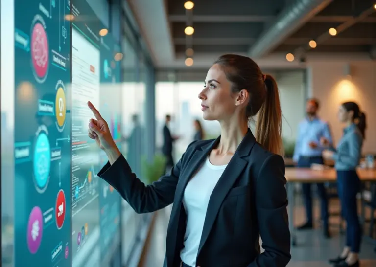 Сотрудник HR-отдела использует планшет с визуальным конструктором Low-code AI для создания схемы адаптации нового человека, на фоне видны иконки обучения и роста.