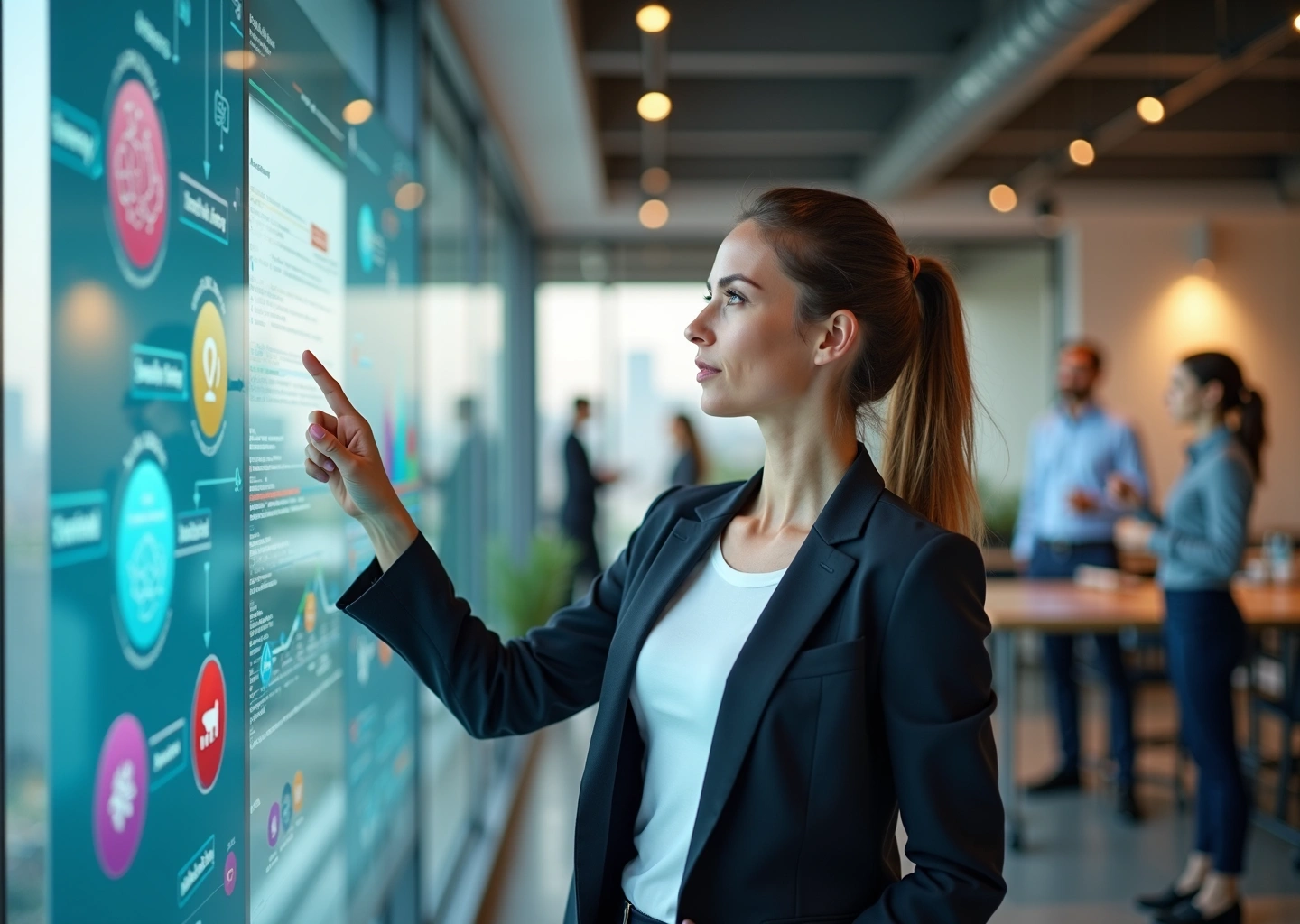 Сотрудник HR-отдела использует планшет с визуальным конструктором Low-code AI для создания схемы адаптации нового человека, на фоне видны иконки обучения и роста.