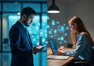 Разделённое изображение: слева человек использует визуальный конструктор без кода, справа инженер работает с кодом и визуализацией модели ИИ, символы облака и безопасности на фоне