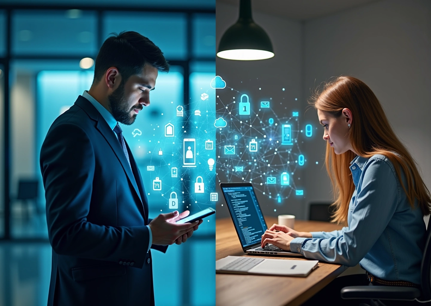 Разделённое изображение: слева человек использует визуальный конструктор без кода, справа инженер работает с кодом и визуализацией модели ИИ, символы облака и безопасности на фоне