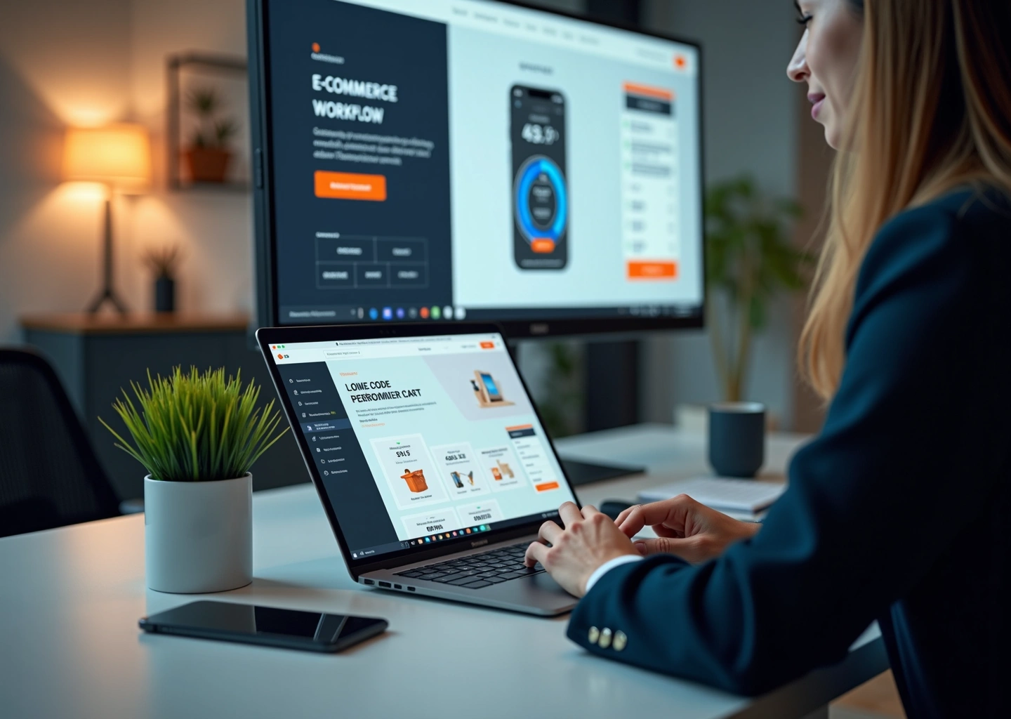 Офисная сцена: экраны с интерфейсом low‑code, уведомление о брошенной корзине на смартфоне и график AI‑скоринга на ноутбуке