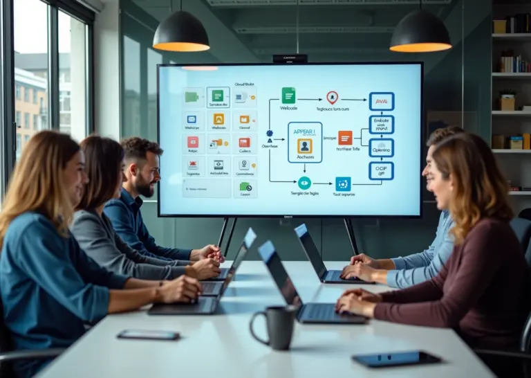 Команда разработчиков у экрана с интерфейсом low‑code, диаграммой API и иконками коннекторов