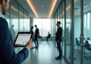 Современный офис с переговорными комнатами, сотрудник с планшетом отображающим интерфейс бронирования и AI‑подсказки, стеклянные перегородки, естественный свет