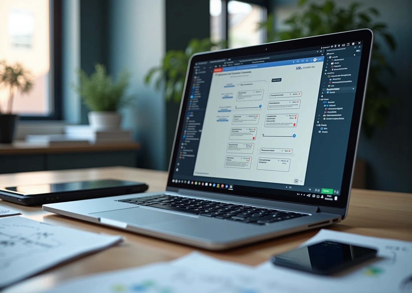 Рабочее место разработчика с ноутбуком, на экране low‑code интерфейс и диалог GigaChat на русском, заметки с архитектурной схемой