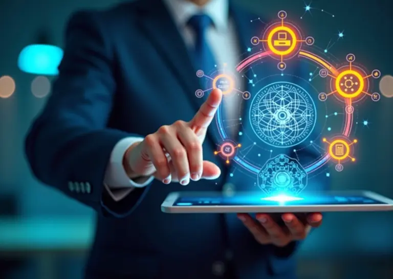 Футуристическая композиция, демонстрирующая бесшовную интеграцию искусственного интеллекта и автоматизации. Абстрактные элементы AI (нейронные сети, потоки данных) соединяются с символами автоматизации (шестеренки, иконки приложений), а рука человека интуитивно управляет ими на голографическом интерфейсе, подчеркивая разработку без кода.