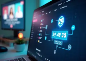 Изображение экрана компьютера с интерфейсом Low-code платформы, где с помощью перетаскивания блоков создается логика чат-бота. На заднем плане виден значок искусственного интеллекта.