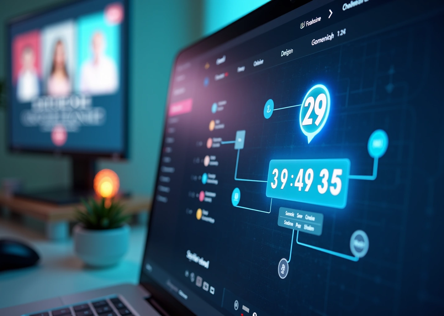 Изображение экрана компьютера с интерфейсом Low-code платформы, где с помощью перетаскивания блоков создается логика чат-бота. На заднем плане виден значок искусственного интеллекта.