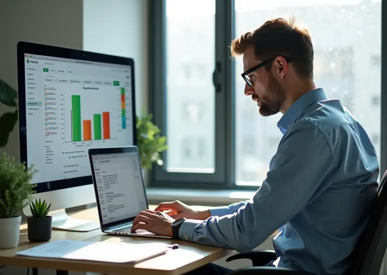 Человек за ноутбуком с визуальным low‑code конструктором и графиком анализа тональности отзывов на русском