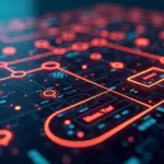 Визуализация сложного рабочего процесса в стиле Low-code automation tool. В центре — многоуровневая диаграмма, символизирующая Make/Zapier, с множеством ветвящихся линий, соединяющих различные иконки сервисов (CRM, AI-модели, таблицы). На заднем плане — цифровой фон с элементами кода, но выполненный в минималистичном, "чистом" дизайне, подчеркивающим Low-code подход. Общая атмосфера передает эффективность и сложную, но упорядоченную автоматизацию.