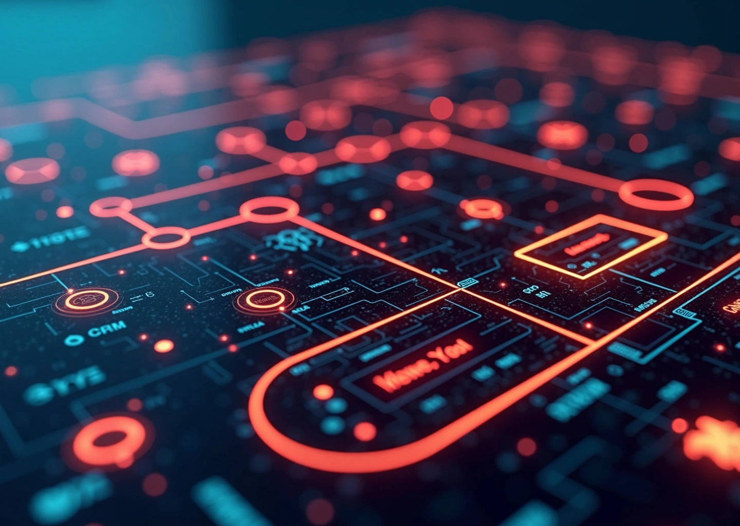 Визуализация сложного рабочего процесса в стиле Low-code automation tool. В центре — многоуровневая диаграмма, символизирующая Make/Zapier, с множеством ветвящихся линий, соединяющих различные иконки сервисов (CRM, AI-модели, таблицы). На заднем плане — цифровой фон с элементами кода, но выполненный в минималистичном, "чистом" дизайне, подчеркивающим Low-code подход. Общая атмосфера передает эффективность и сложную, но упорядоченную автоматизацию.