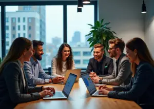 Офис с бизнес-профессионалами, обсуждающими внедрение Low-code AI, планшеты с тарифами и диаграммами