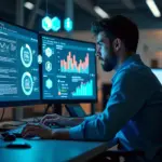 Современный офис с разработчиком и монитором, показывающим интерфейс Low-code платформы и графики производительности