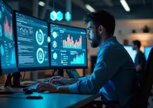 Современный офис с разработчиком и монитором, показывающим интерфейс Low-code платформы и графики производительности