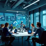 Современный офис с интерфейсом AI для генерации описаний товаров в электронной коммерции