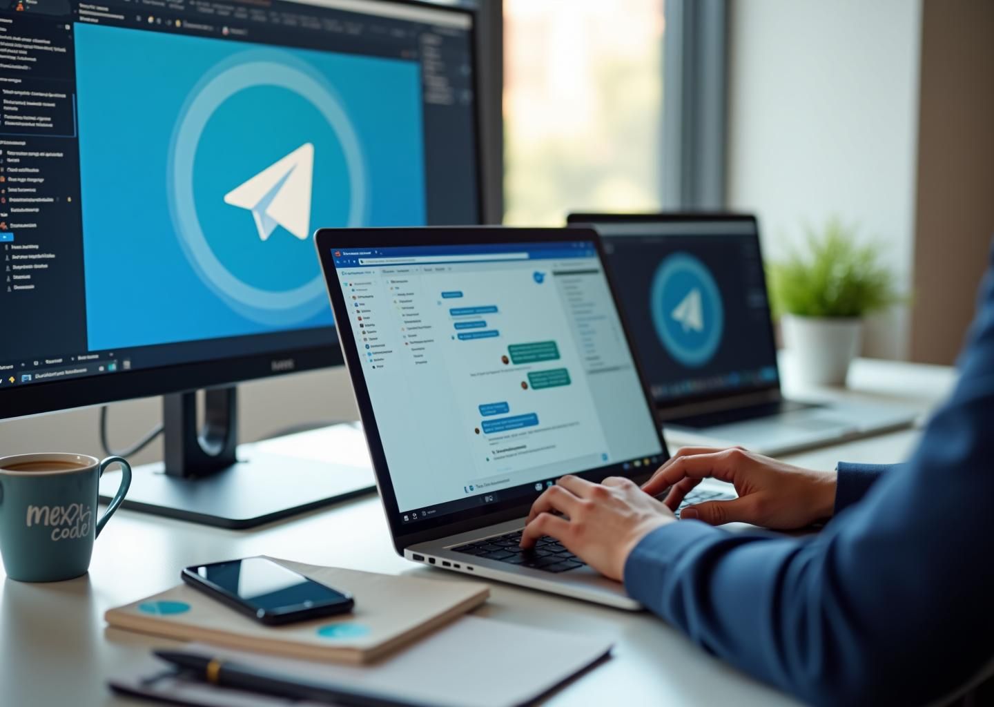 Рабочее место с ноутбуком, на экране чат Telegram с ботом на русском и панелью Yandex Cloud, стикер No code и заметка YandexGPT