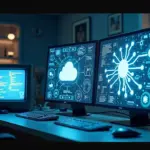 Визуализация этапов эволюции Low-code: от старого монитора с графическим интерфейсом до современного облачного интерфейса с элементами искусственного интеллекта и нейронных сетей, сливающихся в едином потоке разработки.