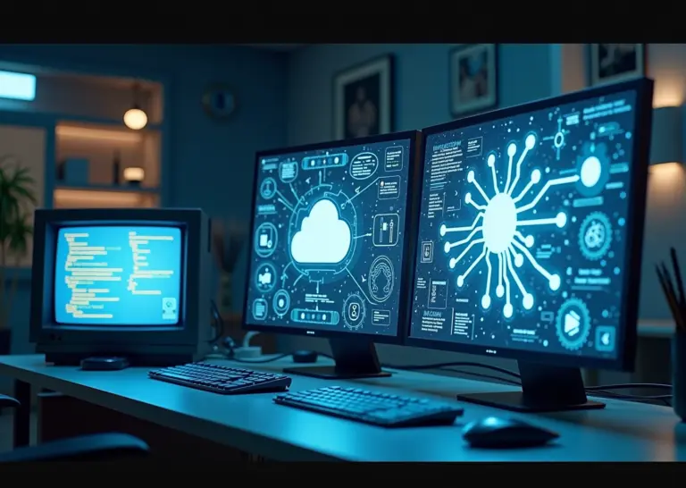 Визуализация этапов эволюции Low-code: от старого монитора с графическим интерфейсом до современного облачного интерфейса с элементами искусственного интеллекта и нейронных сетей, сливающихся в едином потоке разработки.