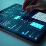 Цифровой коллаж, показывающий руку человека, взаимодействующего с интерфейсом Low-code платформы, на котором схематично изображены блоки данных, соединяющиеся с логотипом YandexGPT. На фоне — стопка автоматически сгенерированных коммерческих предложений.