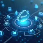 Схематическое изображение потока данных в реальном времени, где различные иконки AI-сервисов (нейронные сети, роботы) соединены с облачными бизнес-приложениями синими стрелками (Webhooks), символизирующими мгновенное уведомление. Изображение выполнено в стиле Low-code с минималистичными блоками кода.