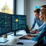 Офис команды стартапа: на экранах визуальный конструктор Low-code AI и журнал аудита с метками времени, версиями моделей и иконками безопасности