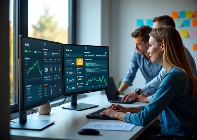 Офис команды стартапа: на экранах визуальный конструктор Low-code AI и журнал аудита с метками времени, версиями моделей и иконками безопасности