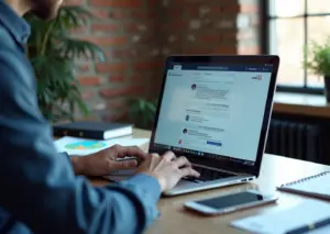 Рабочее место разработчика в офисе с открытым low‑code интерфейсом и чатом, демонстрирующим интеграцию YandexGPT через Yandex Cloud