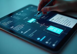 Цифровой коллаж, показывающий руку человека, взаимодействующего с интерфейсом Low-code платформы, на котором схематично изображены блоки данных, соединяющиеся с логотипом YandexGPT. На фоне — стопка автоматически сгенерированных коммерческих предложений.