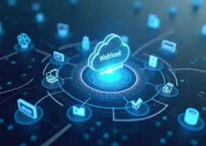 Схематическое изображение потока данных в реальном времени, где различные иконки AI-сервисов (нейронные сети, роботы) соединены с облачными бизнес-приложениями синими стрелками (Webhooks), символизирующими мгновенное уведомление. Изображение выполнено в стиле Low-code с минималистичными блоками кода.