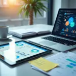 Рабочий стол с ноутбуком, на экране которого кластер ключевых слов и графики SERP, рядом планшет с визуальным low-code редактором и заметки на русском