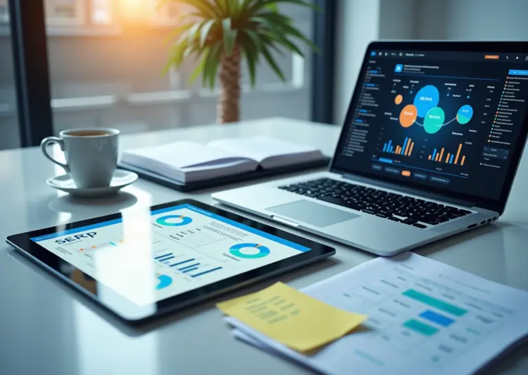 Рабочий стол с ноутбуком, на экране которого кластер ключевых слов и графики SERP, рядом планшет с визуальным low-code редактором и заметки на русском
