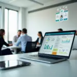 Человек за ноутбуком использует Low‑code платформу с дашбордом A/B тестирования и AI‑аналитикой, команда обсуждает результаты в офисе