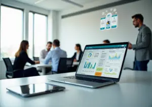 Человек за ноутбуком использует Low‑code платформу с дашбордом A/B тестирования и AI‑аналитикой, команда обсуждает результаты в офисе