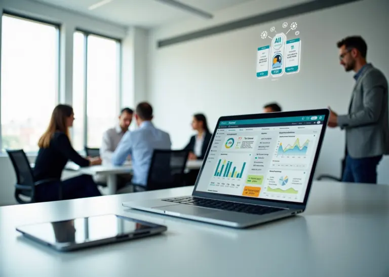 Человек за ноутбуком использует Low‑code платформу с дашбордом A/B тестирования и AI‑аналитикой, команда обсуждает результаты в офисе