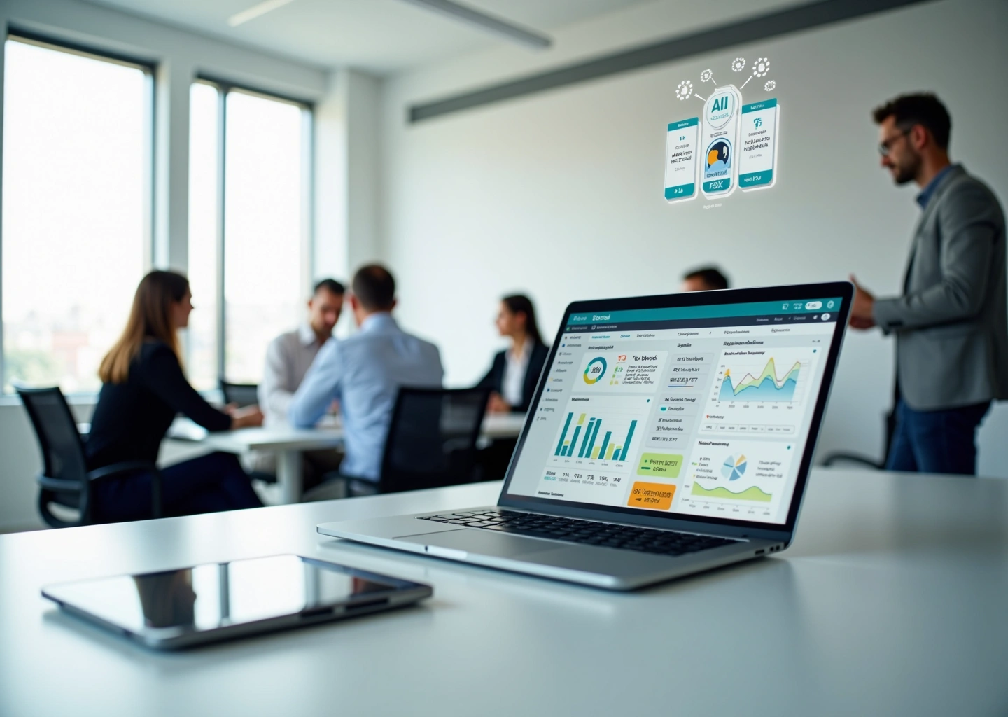 Человек за ноутбуком использует Low‑code платформу с дашбордом A/B тестирования и AI‑аналитикой, команда обсуждает результаты в офисе