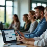 Фотография: сотрудники и HR‑команда в офисе используют чат‑бота на ноутбуке и смартфоне с интерфейсом на русском языке, рядом видна схема no‑code конструктора и иконки HR‑функций.