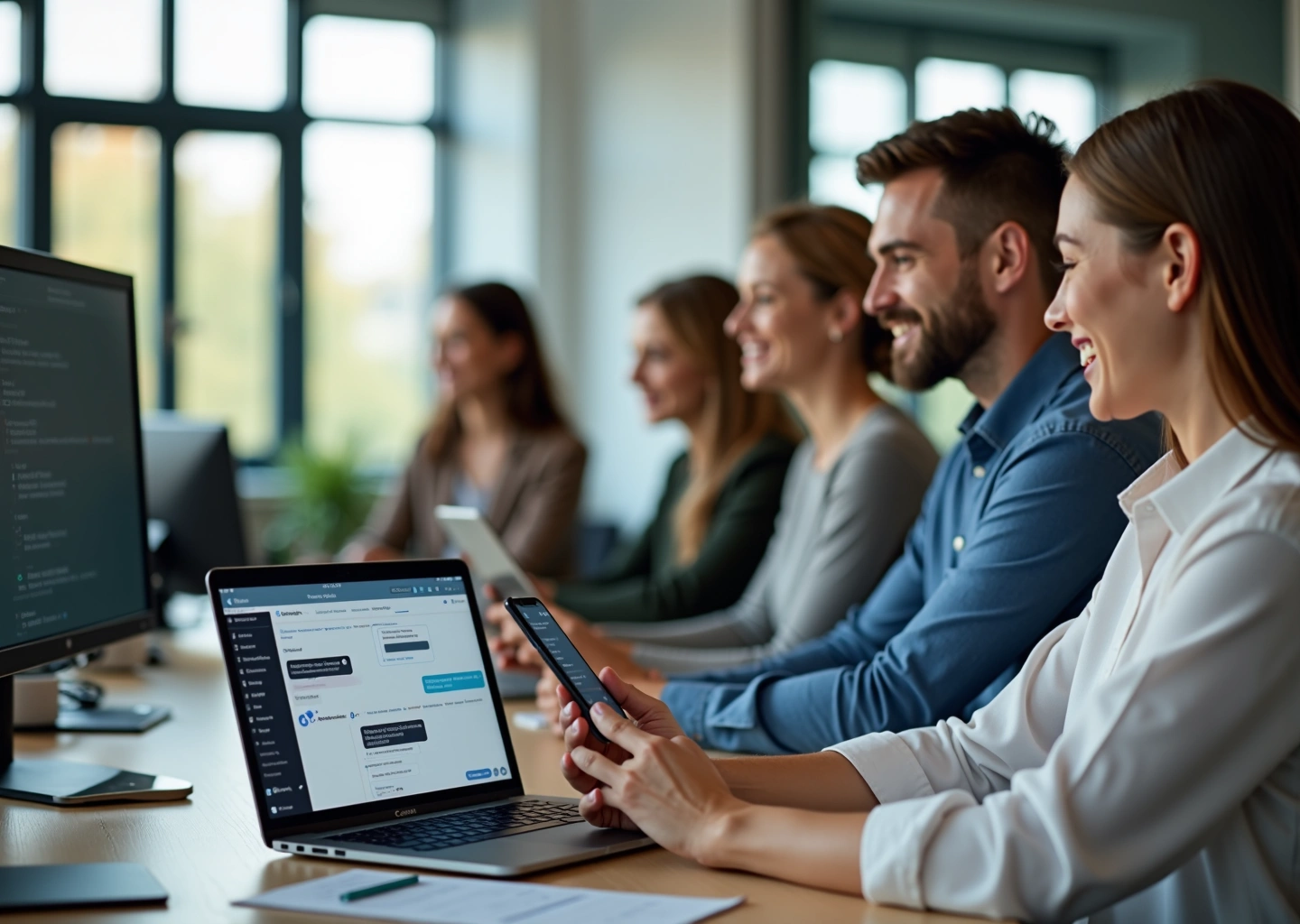 Фотография: сотрудники и HR‑команда в офисе используют чат‑бота на ноутбуке и смартфоне с интерфейсом на русском языке, рядом видна схема no‑code конструктора и иконки HR‑функций.