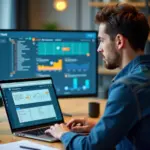 Человек за ноутбуком в офисе работает с Low-code платформой для анализа тональности русскоязычных текстов; на экране видно конструктор пайплайна, графики и разметку.