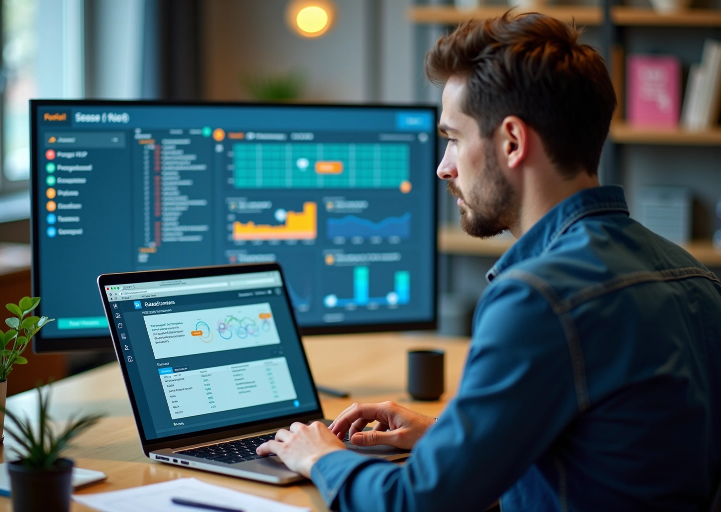 Человек за ноутбуком в офисе работает с Low-code платформой для анализа тональности русскоязычных текстов; на экране видно конструктор пайплайна, графики и разметку.