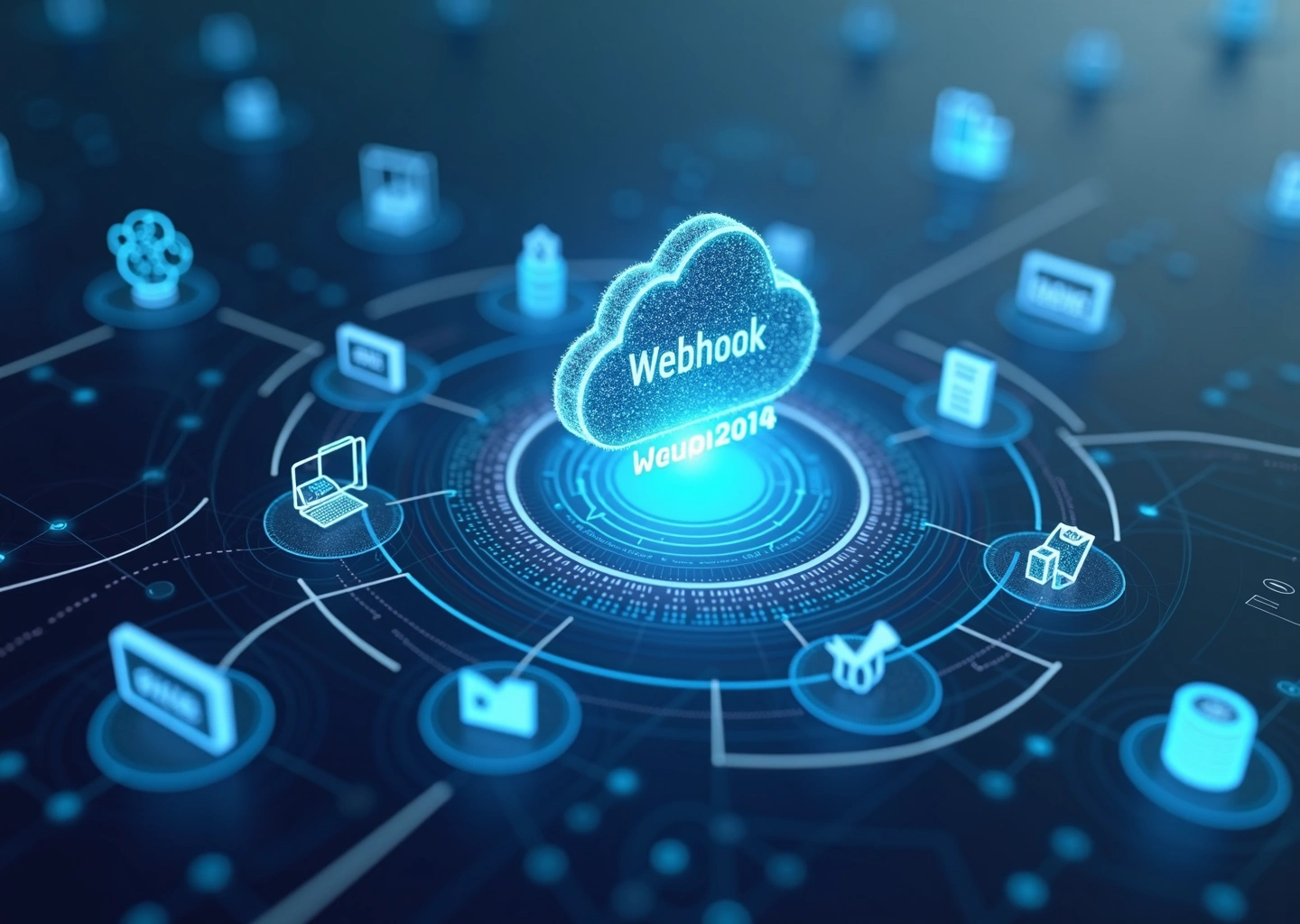 Схематическое изображение потока данных в реальном времени, где различные иконки AI-сервисов (нейронные сети, роботы) соединены с облачными бизнес-приложениями синими стрелками (Webhooks), символизирующими мгновенное уведомление. Изображение выполнено в стиле Low-code с минималистичными блоками кода.