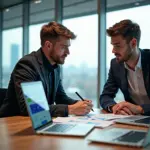 Предприниматель и разработчик обсуждают выбор между Bubble, Adalo и Glide за столом в современном офисе: на ноутбуках видны интерфейсы платформ, рядом заметки MVP и иконка AI.