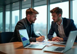 Предприниматель и разработчик обсуждают выбор между Bubble, Adalo и Glide за столом в современном офисе: на ноутбуках видны интерфейсы платформ, рядом заметки MVP и иконка AI.